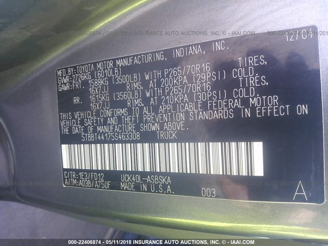 5TBBT44175S463308 - 2005 TOYOTA TUNDRA ACCESS CAB SR5 GRAY photo 9