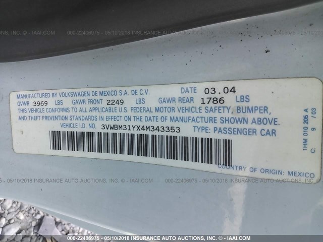 3VWBM31YX4M343353 - 2004 VOLKSWAGEN NEW BEETLE GL 浅蓝色 照片 9