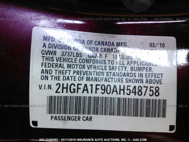 2HGFA1F90AH548758 - 2010 HONDA CIVIC EXL RED photo 9