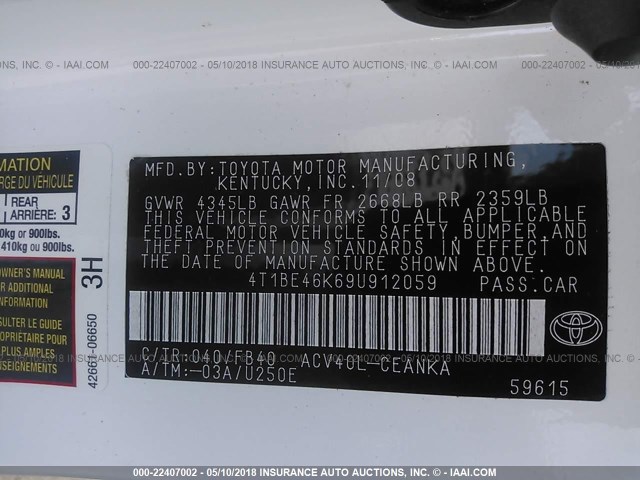 4T1BE46K69U912059 - 2009 TOYOTA CAMRY SE/LE/XLE WHITE photo 9