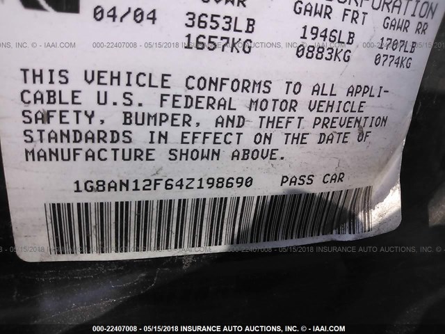 1G8AN12F64Z198690 - 2004 SATURN ION LEVEL 2 BLACK photo 9
