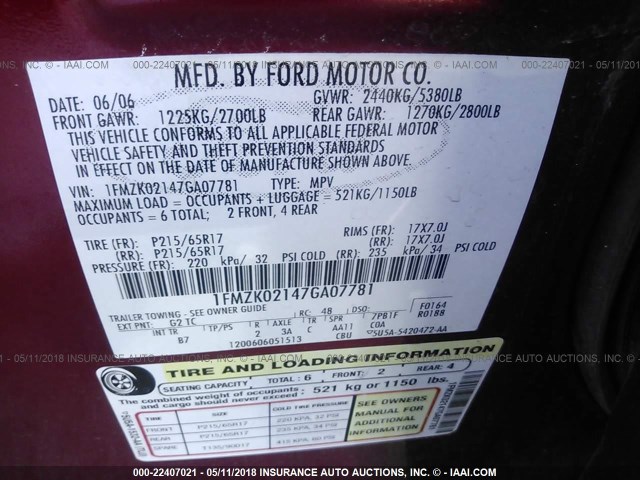 1FMZK02147GA07781 - 2007 FORD FREESTYLE SEL RED photo 9