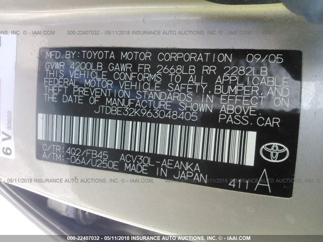 JTDBE32K963048405 - 2006 TOYOTA CAMRY LE/XLE GOLD photo 9
