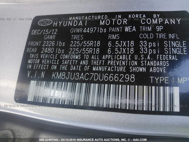 KM8JU3AC7DU666298 - 2013 HYUNDAI TUCSON GLS/LIMITED SILVER photo 9