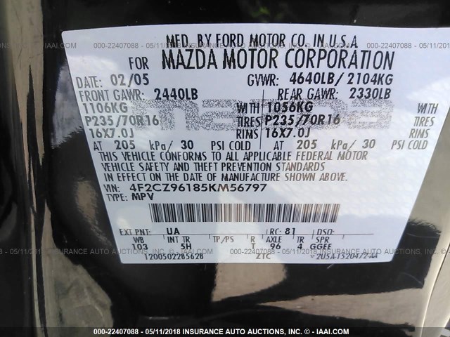 4F2CZ96185KM56797 - 2005 MAZDA TRIBUTE S შავი ფოტო 9