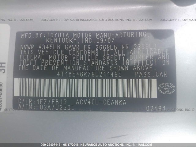 4T1BE46K78U211495 - 2008 TOYOTA CAMRY CE/LE/XLE/SE SILVER photo 9