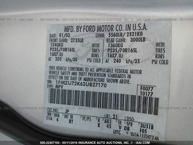 1FMZU72K63UB27170 - 2003 FORD EXPLORER XLS/XLS SPORT SILVER photo 9