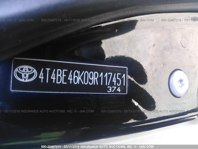 4T4BE46K09R117451 - 2009 TOYOTA CAMRY SE/LE/XLE BLACK photo 9