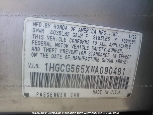 1HGCG565XWA090481 - 1998 HONDA ACCORD EX GOLD photo 9