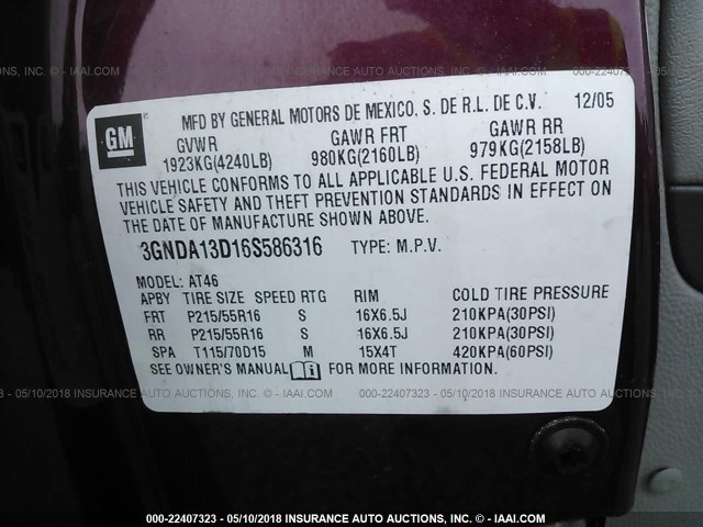 3GNDA13D16S586316 - 2006 CHEVROLET HHR LS RED photo 9