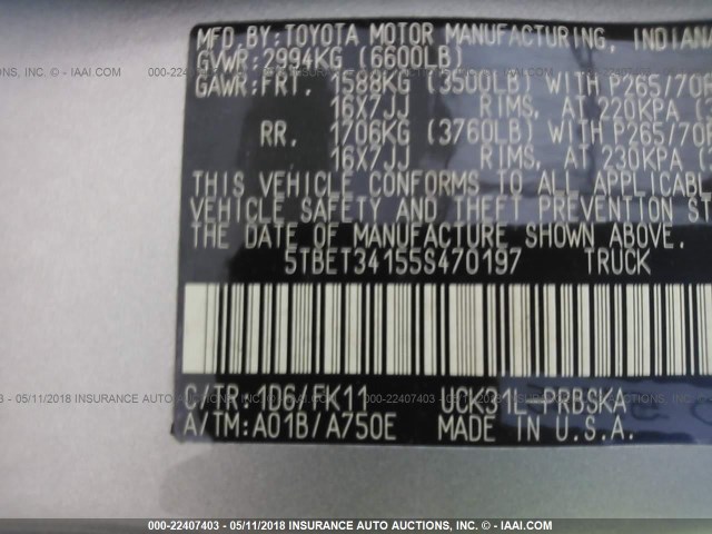 5TBET34155S470197 - 2005 TOYOTA TUNDRA DOUBLE CAB SR5 GRAY photo 9