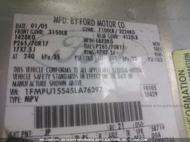 1FMPU15545LA76397 - 2005 FORD EXPEDITION XLT Silber Foto 9