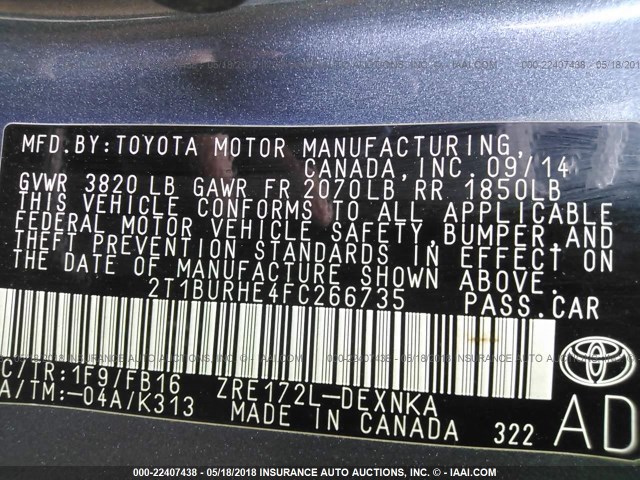 2T1BURHE4FC266735 - 2015 TOYOTA COROLLA L/LE/LE PLS/PRM/S/S PLS GRAY photo 9