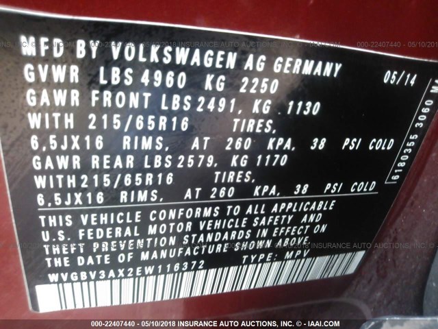 WVGBV3AX2EW116372 - 2014 VOLKSWAGEN TIGUAN S/SE/SEL/R-LINE RED photo 9