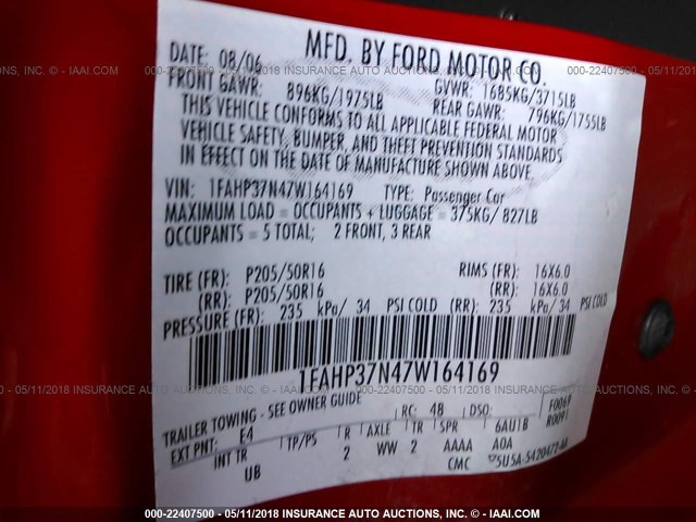 1FAHP37N47W164169 - 2007 FORD FOCUS ZX5/S/SE/SES 红色 照片 9