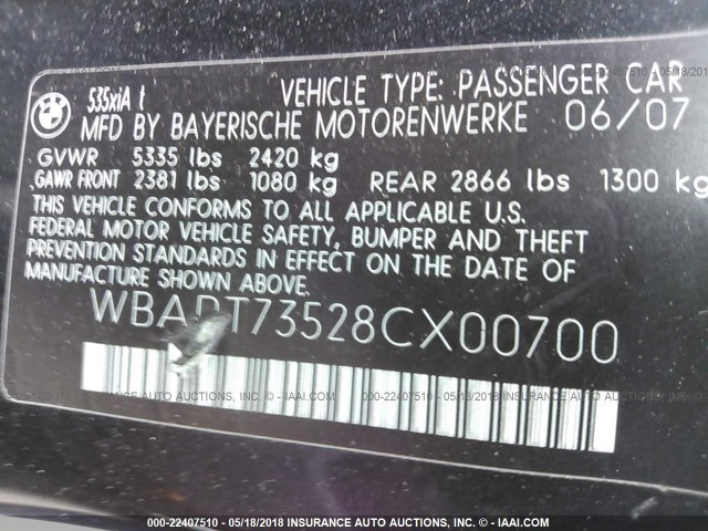 WBAPT73528CX00700 - 2008 BMW 535 XI BLACK photo 9