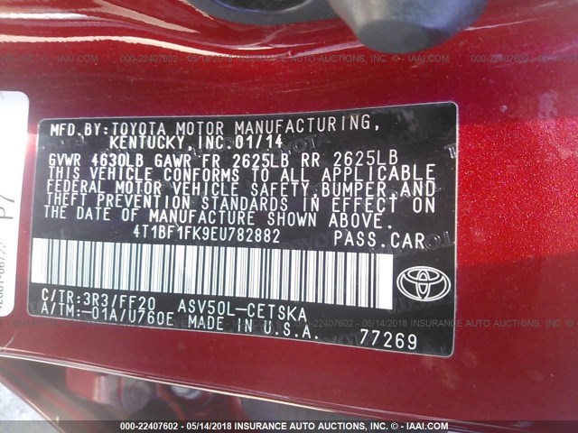 4T1BF1FK9EU782882 - 2014 TOYOTA CAMRY L/SE/LE/XLE RED photo 9