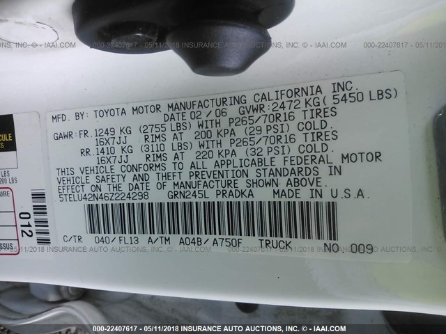 5TELU42N46Z224298 - 2006 TOYOTA TACOMA DOUBLE CAB თეთრი ფოტო 9