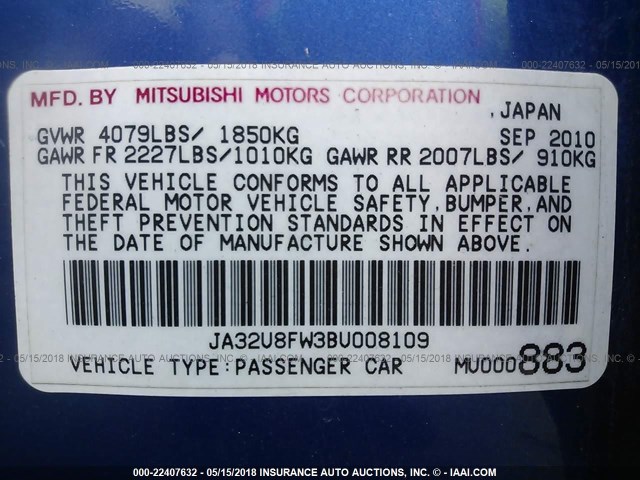 JA32U8FW3BU008109 - 2011 MITSUBISHI LANCER GTS BLUE photo 9