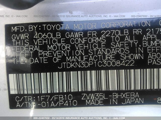 JTDKN3DP1C3008422 - 2012 TOYOTA PRIUS PLUG-IN  SILVER photo 9