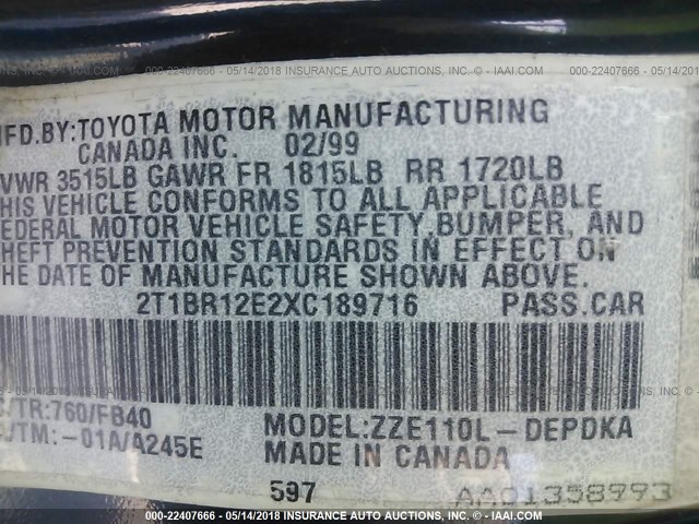 2T1BR12E2XC189716 - 1999 TOYOTA COROLLA VE/CE/LE 青绿色 照片 9