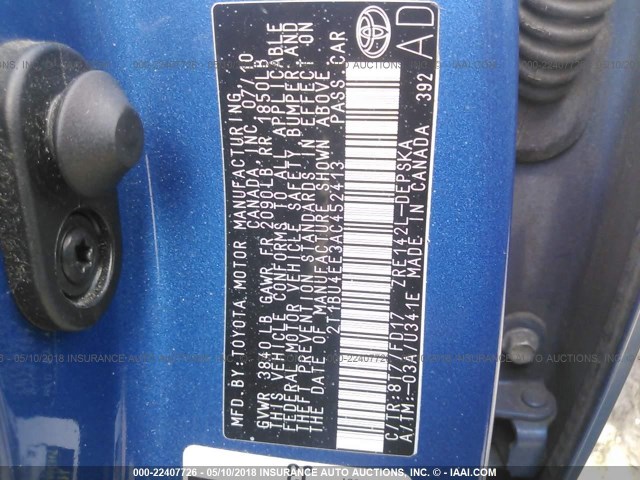 2T1BU4EE3AC452413 - 2010 TOYOTA COROLLA S/LE/XLE BLUE photo 9