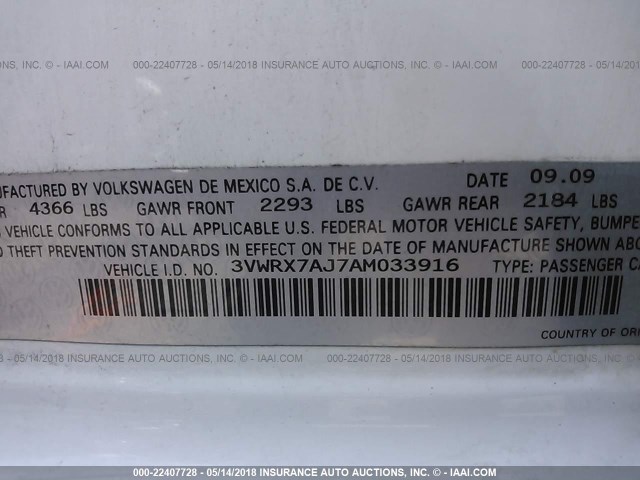 3VWRX7AJ7AM033916 - 2010 VOLKSWAGEN JETTA SE/SEL Ақ фото 9