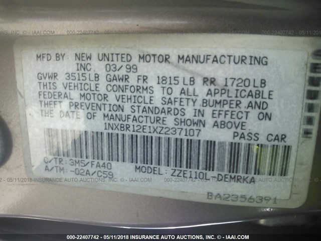 1NXBR12E1XZ237107 - 1999 TOYOTA COROLLA VE/CE/LE 金色 照片 9