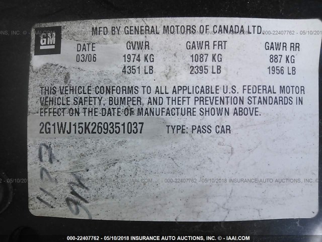 2G1WJ15K269351037 - 2006 CHEVROLET MONTE CARLO LS BLACK photo 9