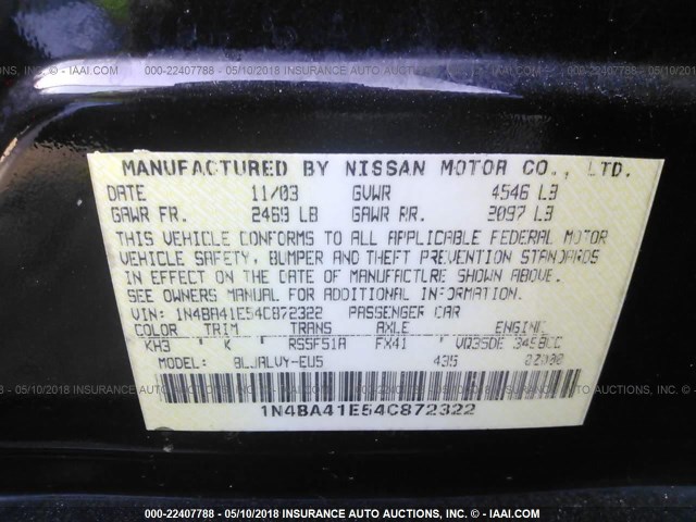 1N4BA41E54C872322 - 2004 NISSAN MAXIMA SE/SL BLACK photo 9