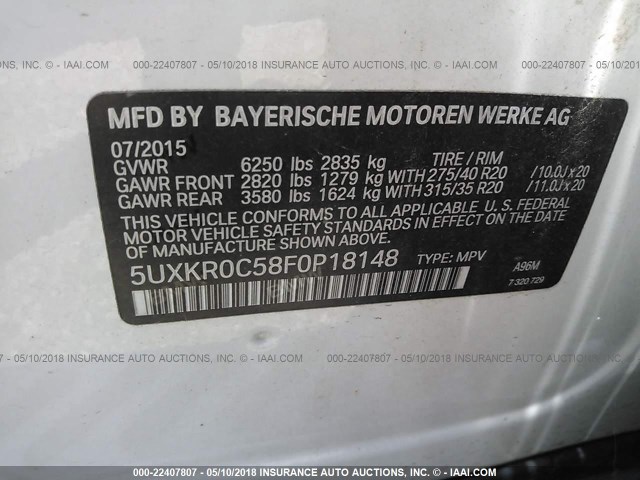 5UXKR0C58F0P18148 - 2015 BMW X5 XDRIVE35I WHITE photo 9