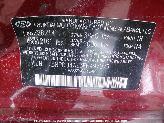 5NPDH4AE3EH497079 - 2014 HYUNDAI ELANTRA SE/SPORT/LIMITED RED photo 9