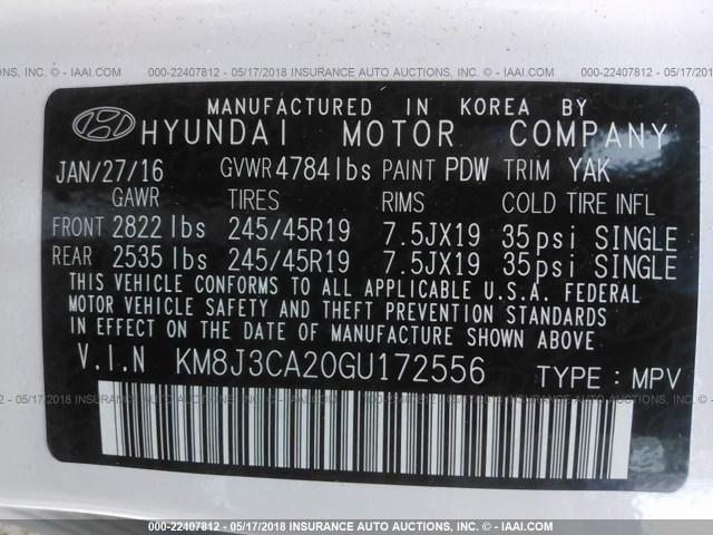 KM8J3CA20GU172556 - 2016 HYUNDAI TUCSON LIMITED/SPORT AND ECO/SE WHITE photo 9