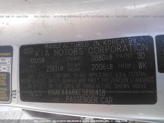 KNAFX4A6XE5210418 - 2014 KIA FORTE LX SILVER photo 9