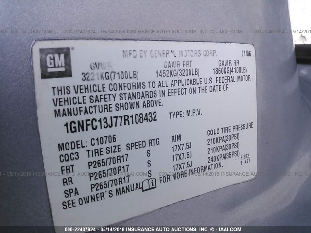 1GNFC13J77R108432 - 2007 CHEVROLET TAHOE C1500 SILVER photo 9