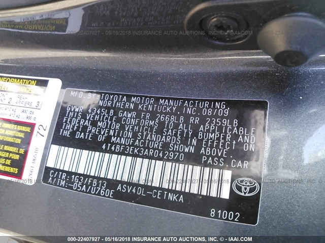 4T4BF3EK3AR042970 - 2010 TOYOTA CAMRY SE/LE/XLE GRAY photo 9