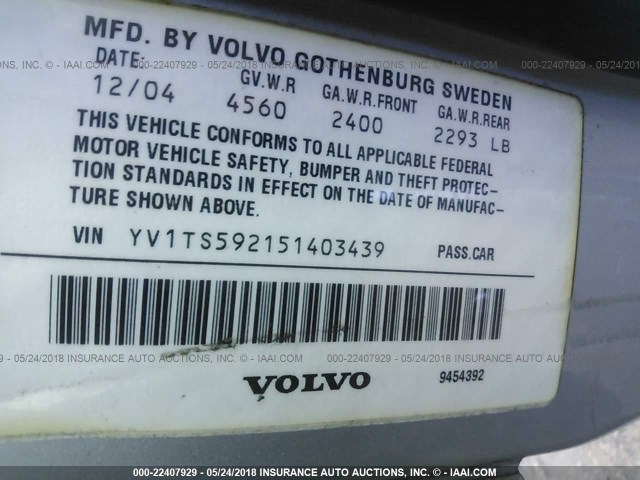 YV1TS592151403439 - 2005 VOLVO S80 2.5T SILVER photo 9