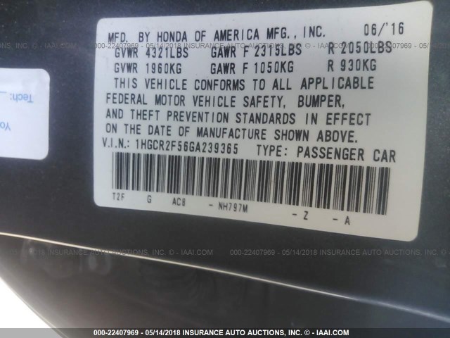 1HGCR2F56GA239365 - 2016 HONDA ACCORD SPORT 灰色 照片 9