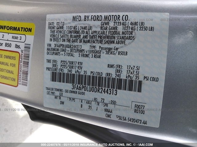 3FA6P0LU0DR244313 - 2013 FORD FUSION SE HYBRID SILVER photo 9