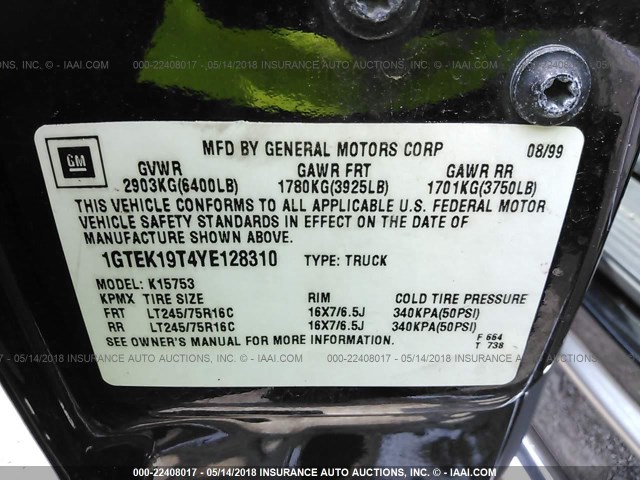 1GTEK19T4YE128310 - 2000 GMC NEW SIERRA K1500 BLACK photo 9