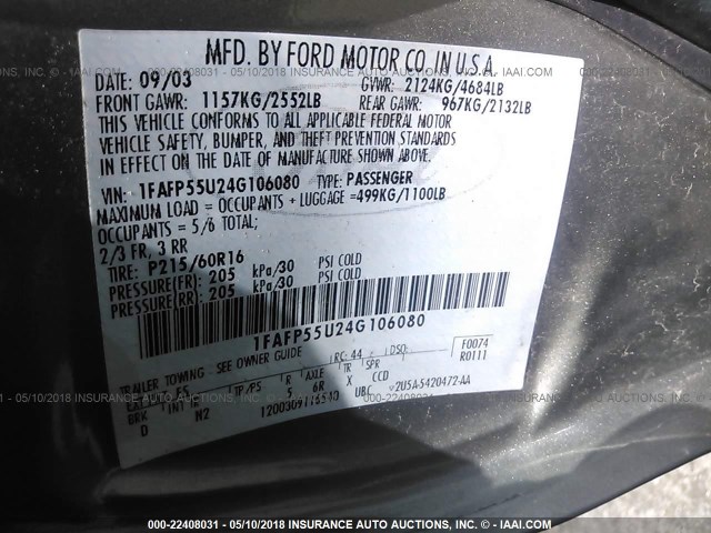 1FAFP55U24G106080 - 2004 FORD TAURUS SES GRAY photo 9