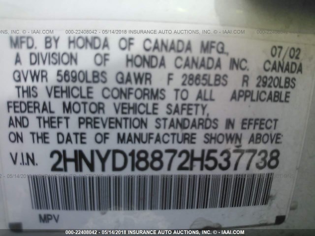 2HNYD18872H537738 - 2002 ACURA MDX TOURING WHITE photo 9