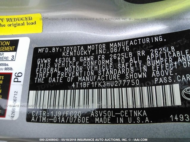 4T1BF1FK3HU277750 - 2017 TOYOTA CAMRY LE/XLE/SE/XSE SILVER photo 9