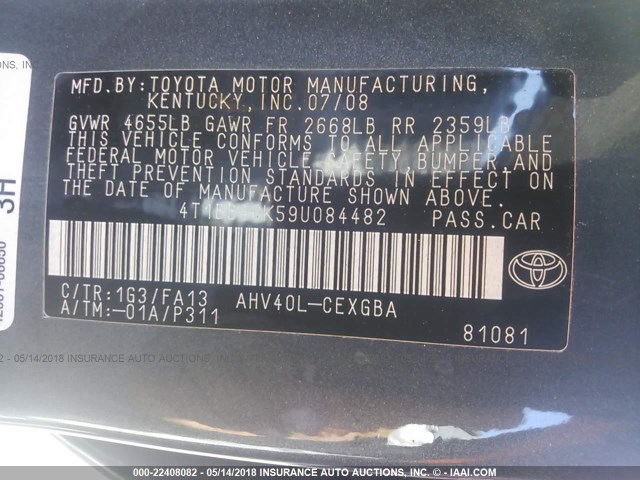 4T1BB46K59U084482 - 2009 TOYOTA CAMRY HYBRID GRAY photo 9