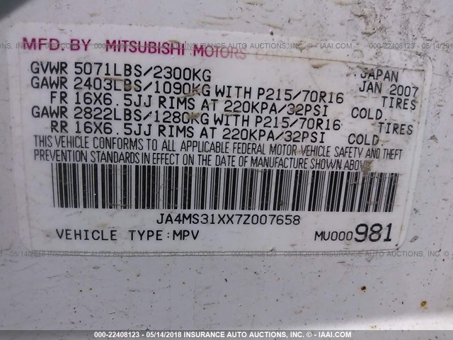 JA4MS31XX7Z007658 - 2007 MITSUBISHI OUTLANDER ES/LS WHITE photo 9