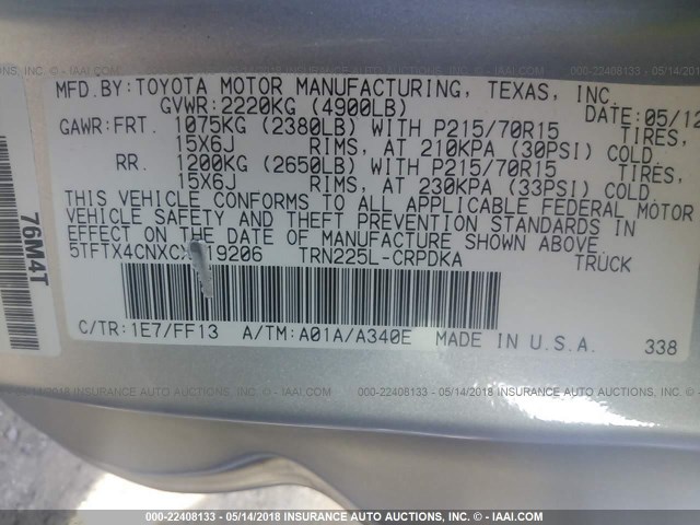 5TFTX4CNXCX019206 - 2012 TOYOTA TACOMA ACCESS CAB Күміс фото 9