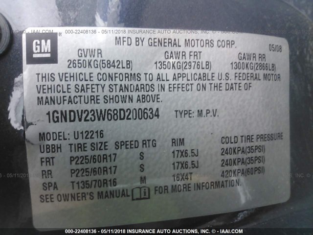 1GNDV23W68D200634 - 2008 CHEVROLET UPLANDER LS GRAY photo 9