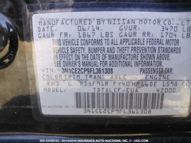 3N1CE2CP9FL361308 - 2015 NISSAN VERSA NOTE S/S PLUS/SV/SL/SR BLACK photo 9