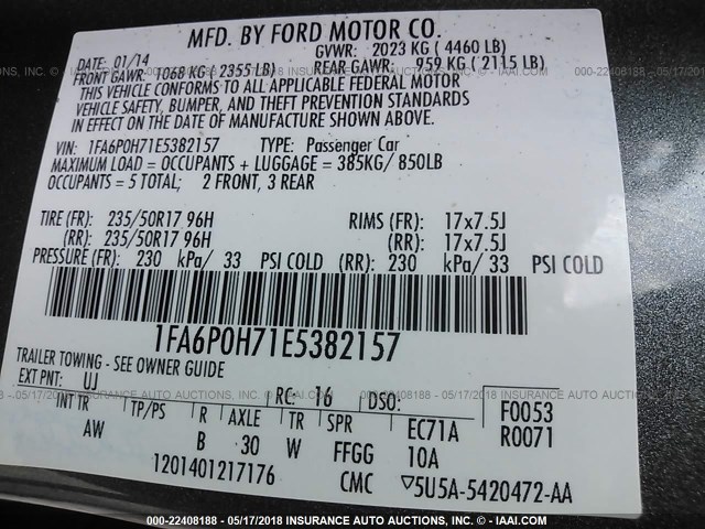 1FA6P0H71E5382157 - 2014 FORD FUSION SE GRAY photo 9