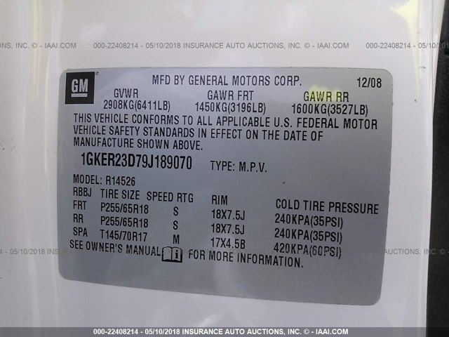 1GKER23D79J189070 - 2009 GMC ACADIA SLT-1 Weiß Foto 9